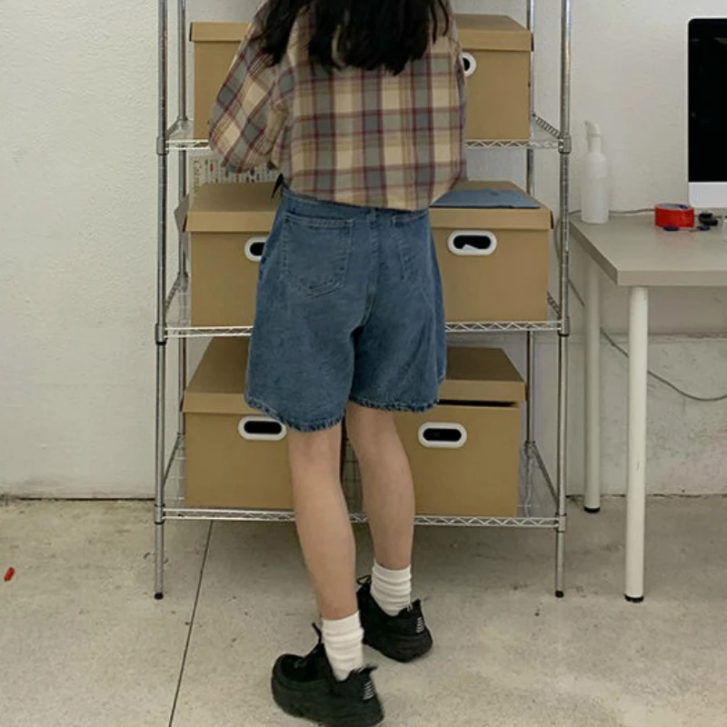 

Denim Shorts Women Knee-length Loose Solid Vintage Simple High Waist Retro BF Short Trousers Students All-match Korean Style New