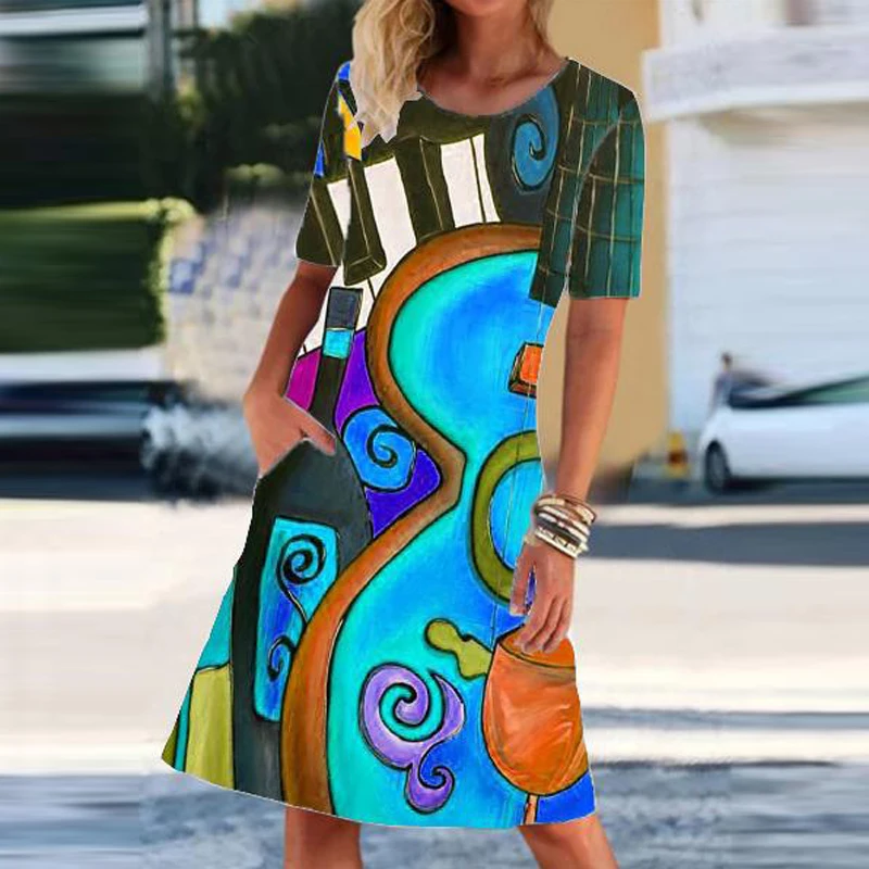 

Women Fashion O Neck Casual Pocket Dress 2021 Vintage Cartoon Pattern Print Midi Dress Summer Short Sleeve Beach Party Dress 4XL