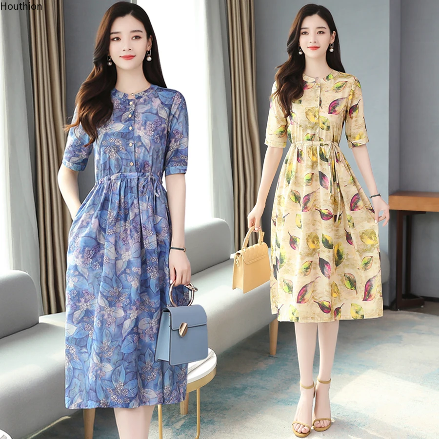 

Women's Dresses Plus Size Loose Print Lady Dress New O-neck Fashion Dresse Mid-Calf Chiffon Short Sleeve A-LINE Houthion