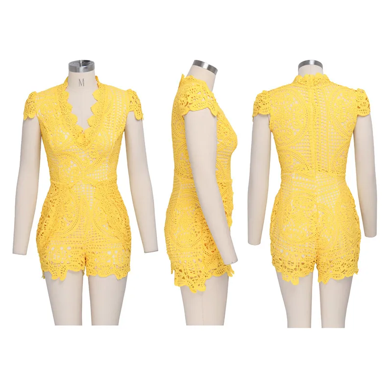 Женские комбинезоны с коротким рукавом кружевные однотонные v образным вырезом