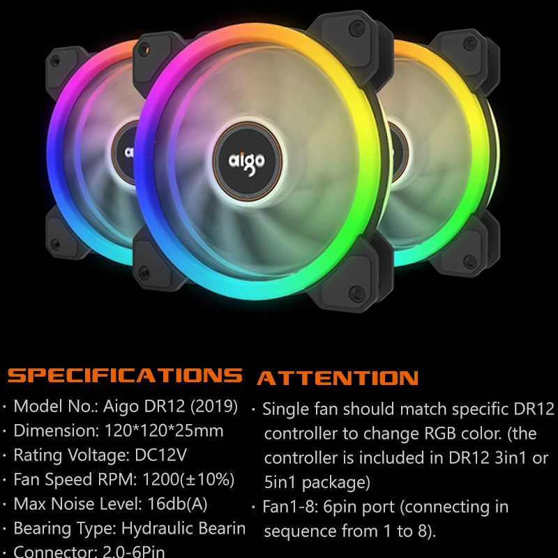 Aigo DR12 PC Вентилятор охлаждения Rgb вентилятор 120 мм 12 в бесшумный Argb аура