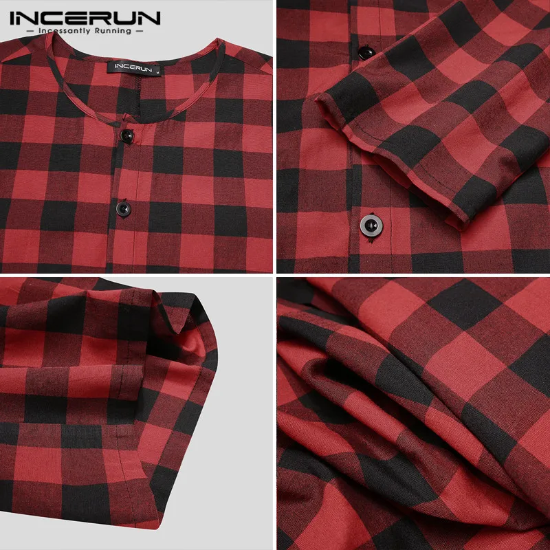 

Men Plaid Romper Pajamas Long Sleeve Round Neck Homewear 2021 Leisure Button Playsuits Breathable Sleepwear Men Jumpsuit INCERUN