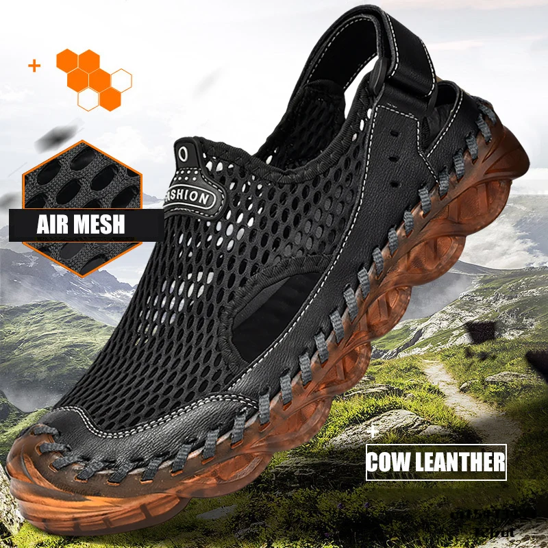 

High Quality Upstream Aqua Shoes Men Breathable Air Mesh Fishing Shoes Non Slip Hiking Climbing Shoes Cow Leather Sneakers