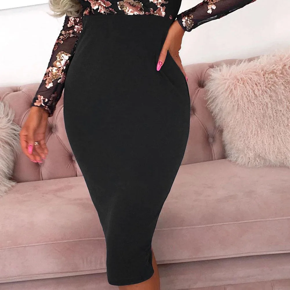 Женское облегающее платье миди SEBOWEL весеннее черное цвета розового золота с