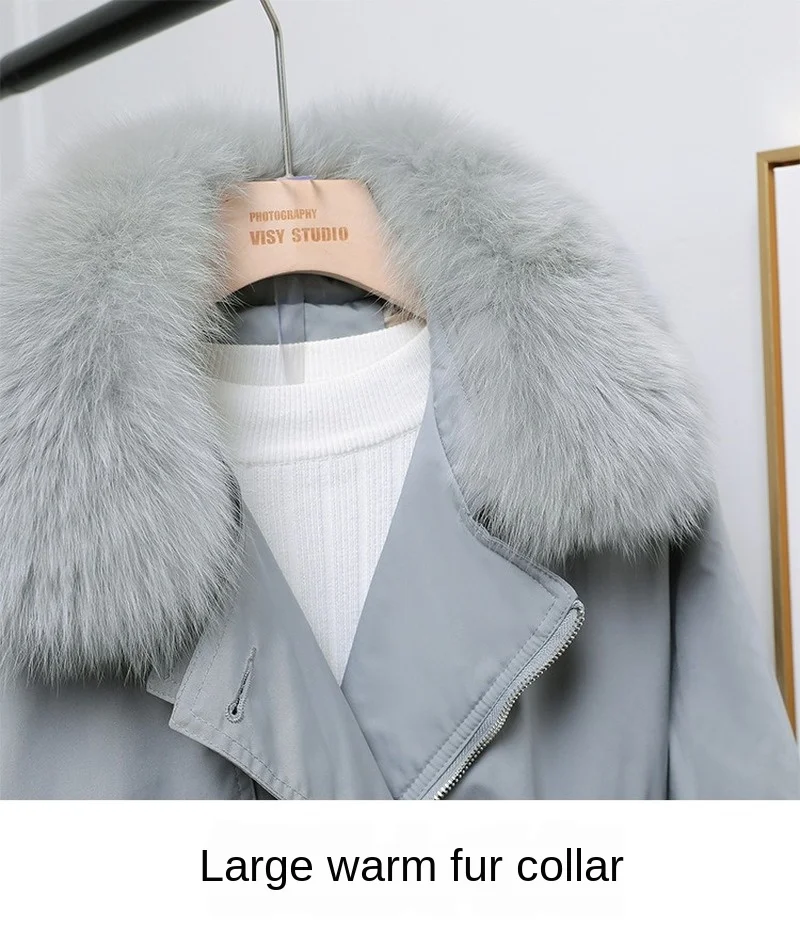 

New Ladies Down Jacket Mid-length Thick and Removable Korean Fashion White Duck Down Jacket with Big Fur Collar