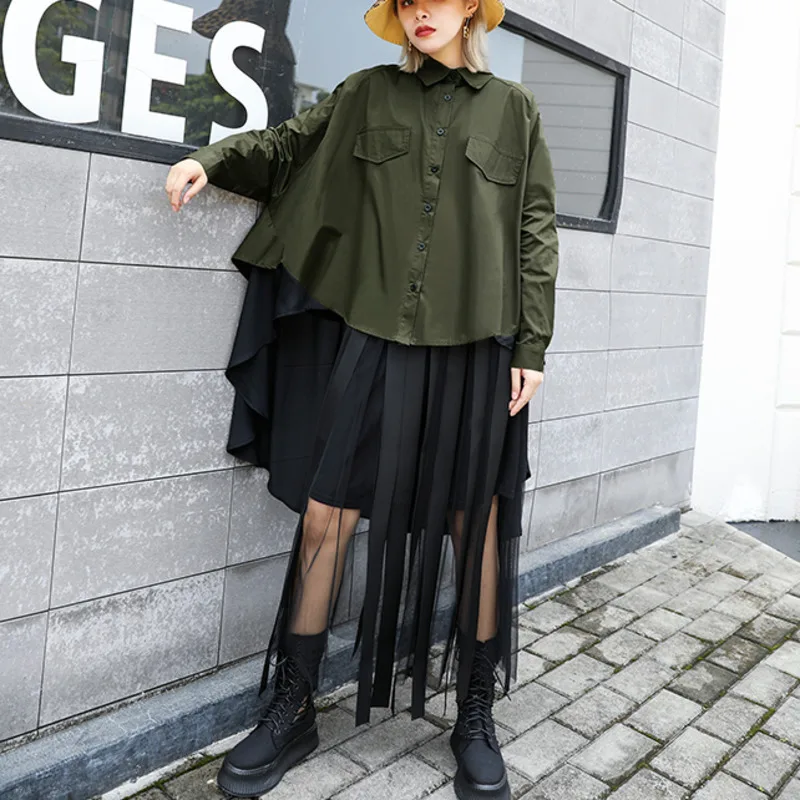 

XUXI Женская винтажная длинная рубашка в стиле пэчворк Осенняя тонкая свободная Асимметричная рубашка с отложным воротником и длинным рукав...