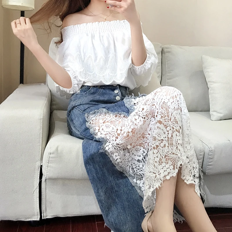 

2018 New Arrival Women Clothing Spring Autumn Ladies Lace Patchwork Shirts Skirts Two Sets Chic Slash Neck Dress Sets MQ0047