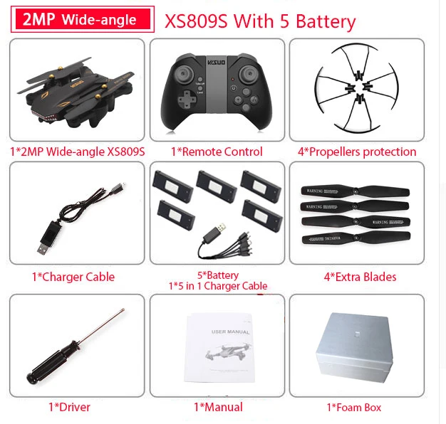 Wide 2MP 5B Foam Bx VISUO XS809S XS809HW складной селфи Дрон с широкоугольным 0.3MP/2MP HD камерой Квадрокоптер WiFi FPV RC вертолет мини Дрон xs809 - Цвет: Wide 2MP 5B Foam Bx