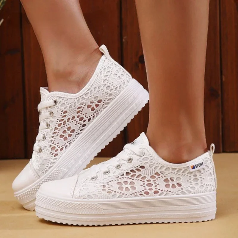 

Shoes for Women 2021 Casual Shoes White Sneakers Vulcanize Kawaii Cutouts Lace Canvas Flats Breathable Platform Sneakers Tenis