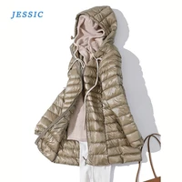 jessic winter woman padded hooded long jacket white duck down female overcoat ultra light slim solid jackets coat parkas