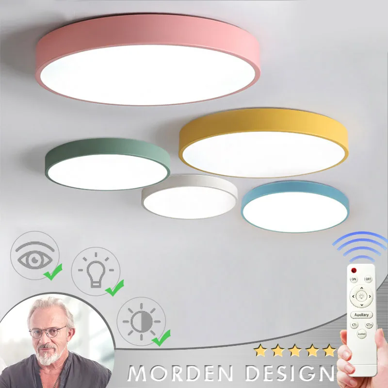 Room Lamp After Balcony Iron Round Lamp Kitchen Color Deco Child Room Nordic Ceiling Lamp with Remote Control Led Light HXD-005