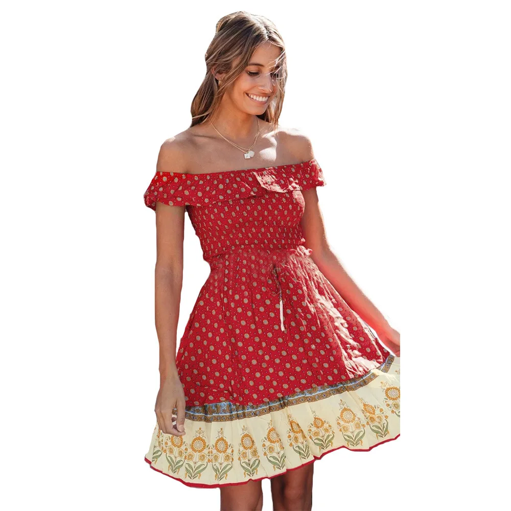 2020 летнее платье с принтом богемное Сексуальное мини вырезом лодочкой милое