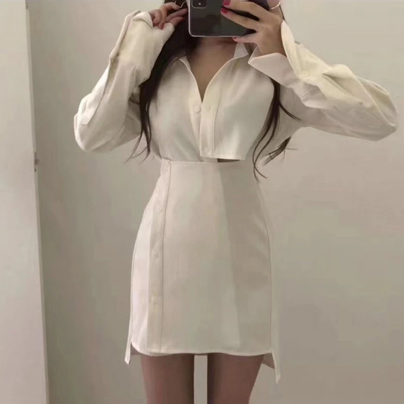 GALCAUR выдалбливают Нерегулярные белые платья для женщин воротник с отворотом