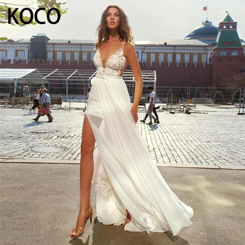 

MACDUGAL Wedding Dress 2022 Sexy V-Neck Chiffon Embriodery Beach Gown with Split Simple Belt Vestido De Novia Custom Made