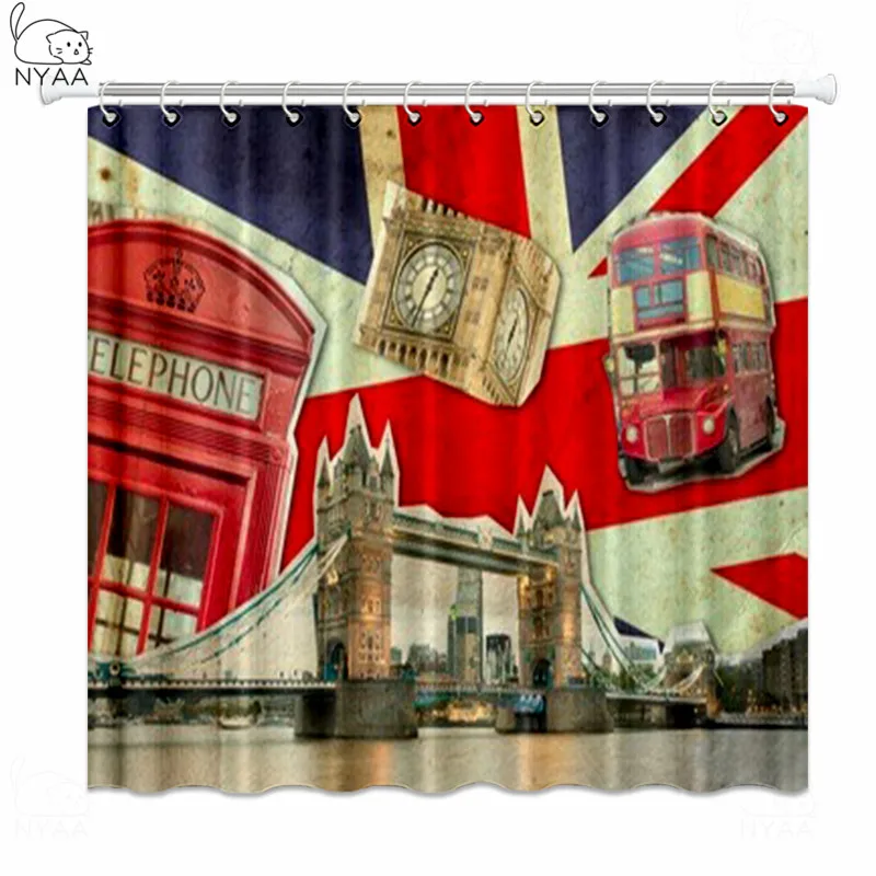 

NYAA London Vintage Poster Shower Curtains British Style Newspaper Waterproof Polyester Fabric Bathroom Curtains For Home Decor