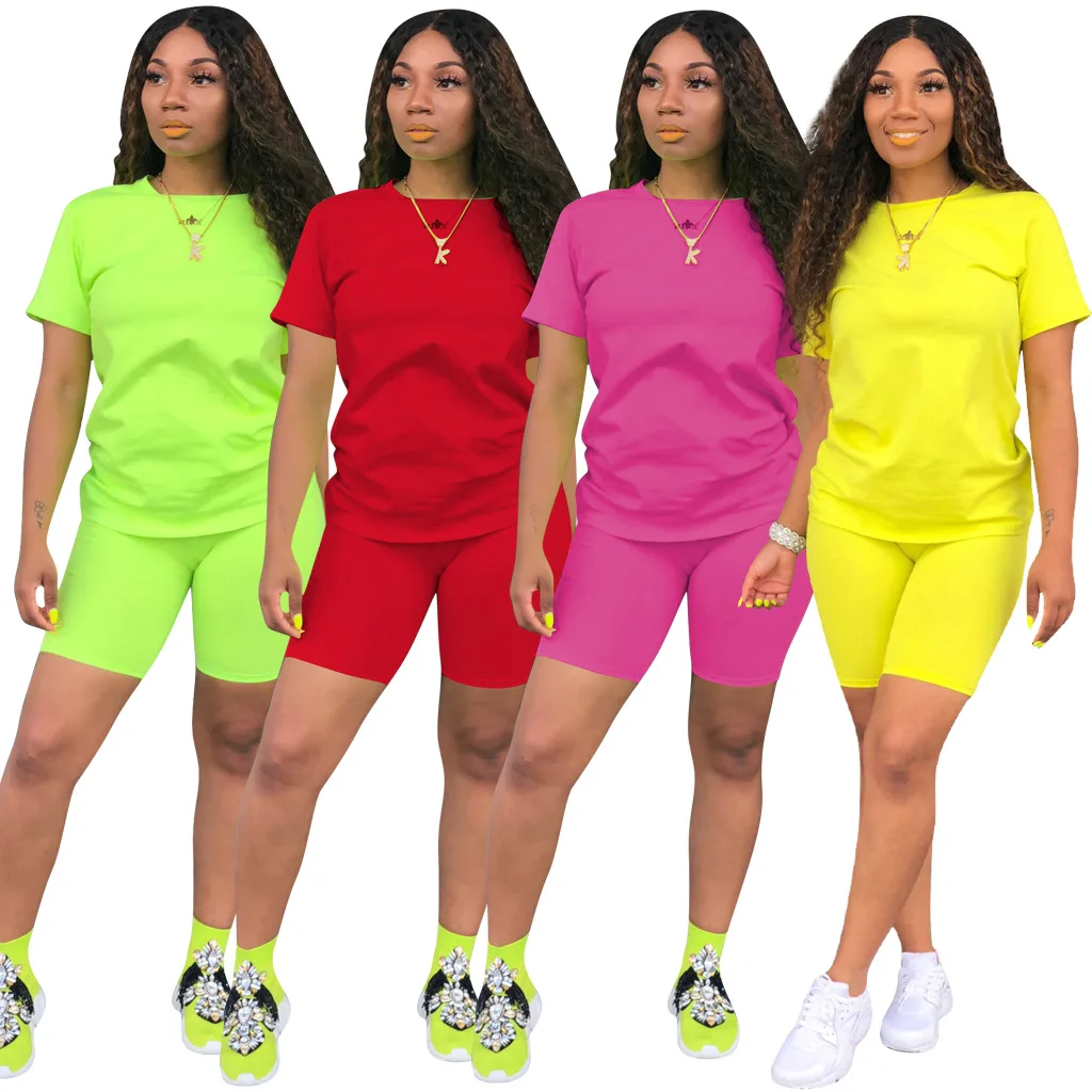 

Adogirl Yellow Casual 2 Piece Set Women Tracksuit O Neck Short Sleeve T Shirt Top + Biker Shorts Sportswear Female Slim Outfits