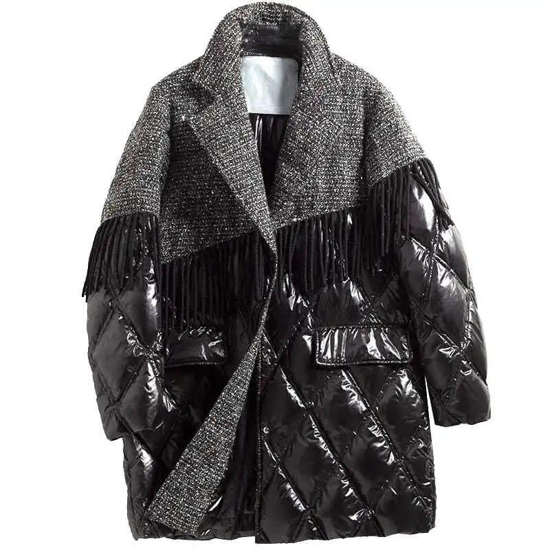 

2021 New Women's Winter Down Jacket Fashion Splicing Mid-length Diamond-shaped Buttons Lightweight Down Jacket Women Clothing 01