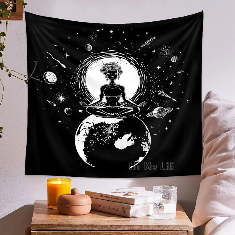 

Black Meditation Sky Moon Tapestry Black Bohemian Art Home Decor