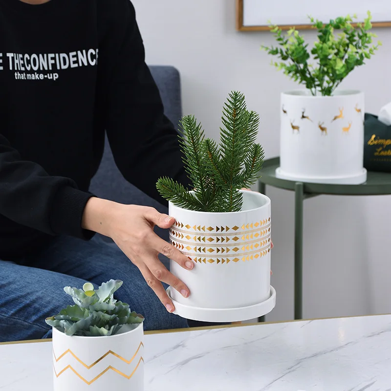 

Succulent flower pot creative personality simple high white Nordic style golden potted gardening pottery ceramic art planter