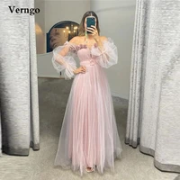 verngo elegant pinkchampagne a line tulle prom dresses off the shoulder 3d flowers long puff sleeves evening gowns plus size