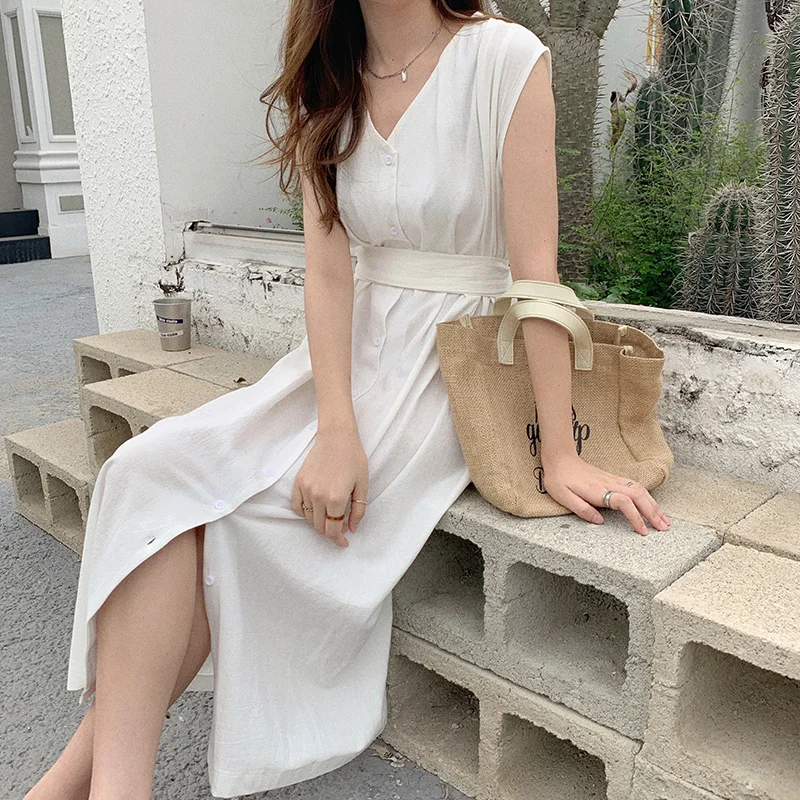 

Korejpaa Women Dress 2021 Korean Chic Simple Elegant V-neck Strap Butterfly Waist-tie Single-row Button-down Sleeveless Vestido
