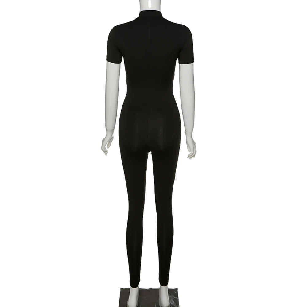 

Women's Jumpsuit Zip Up Short Sleeve Reflective Striped Patchwork Fitness Bodysuit 2020 Female Workout Playsuit Romper Black