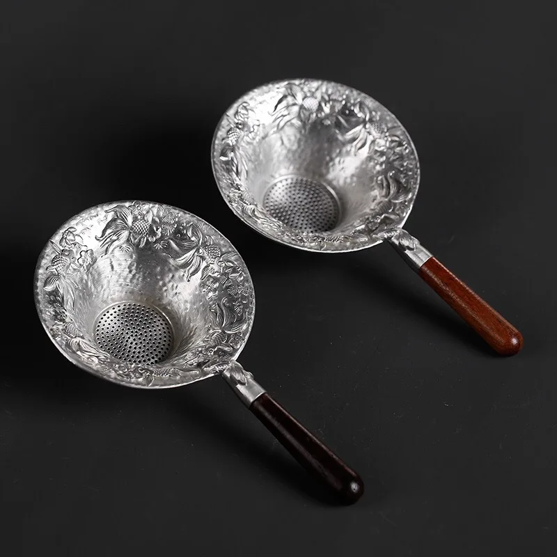 Embudo de esta&ntilde;o hecho a mano de estilo japon&eacute;s, utensilio para Ceremonia de t&eacute;, filtro de madera negra, polvo, malla met&aacute;lica, accesorios para t&eacute;-0