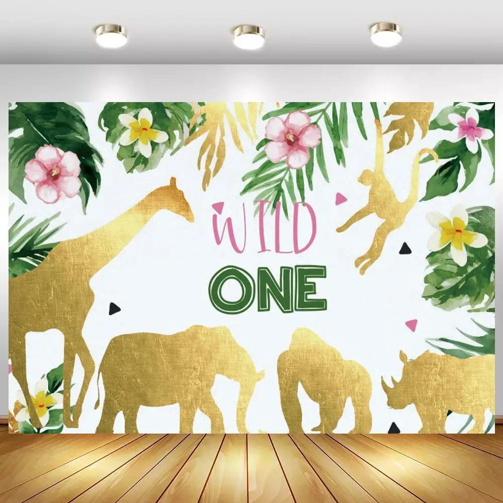 

Golden Animals Wild One Backdrops Jungle Theme Party Green Leaves Flowers Custom Birthday Photography Backgrounds Photophone