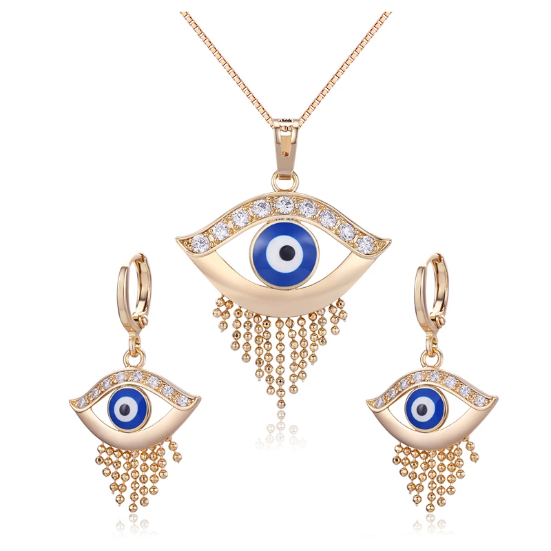 Набор украшений для женщин желтое золото кулон с синими глазами бахромой и