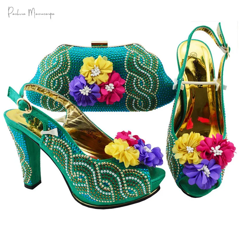 

20201 Classics Style Nigerian Women Shoes and Bag to Match in Teal Color Best Matching Shoes and Bag with Flower for Wedding