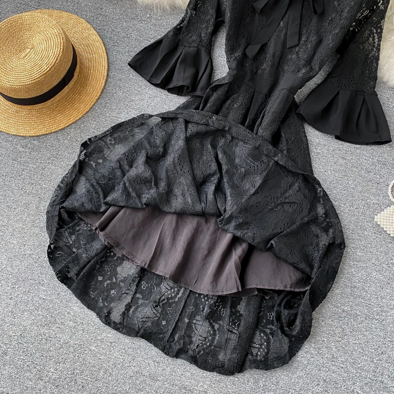 

New Women Fashion Bowtie Collar Three Quarter Flare Sleeve Mini Party Dress Elegant Lady Lace Dress Black Spring Summer Dress