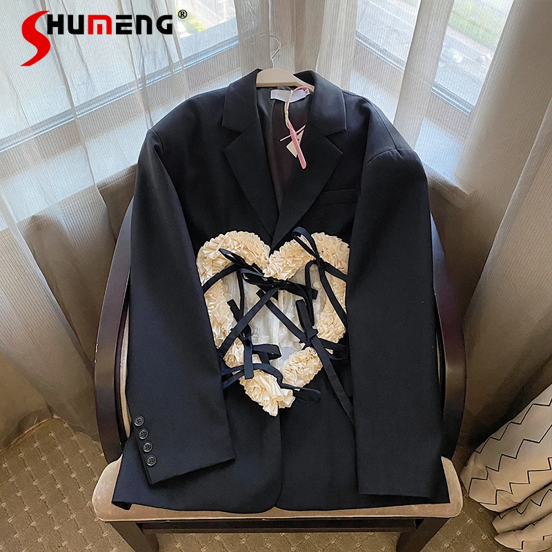 

2021 Spring Fall Female Fashion Elegant Black Suit Jacket Women's New High Street Bandage Loose Retro Slimming Solid Blazers