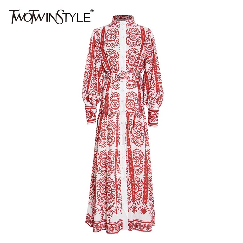 

Женское платье с цветочным принтом TWOTWINSTYLE, осеннее платье до щиколотки с высокой талией и поясом, воротником-стойкой и рукавами-фонариками, модель 2021 года