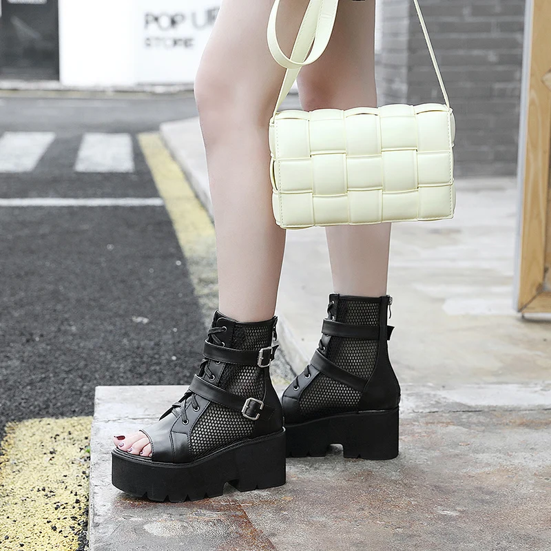 

Woman Platform Hollow Out Summer Boots Women Vintage Chunky Sandals Sexy Open Toe Black Mesh Punk Shoes