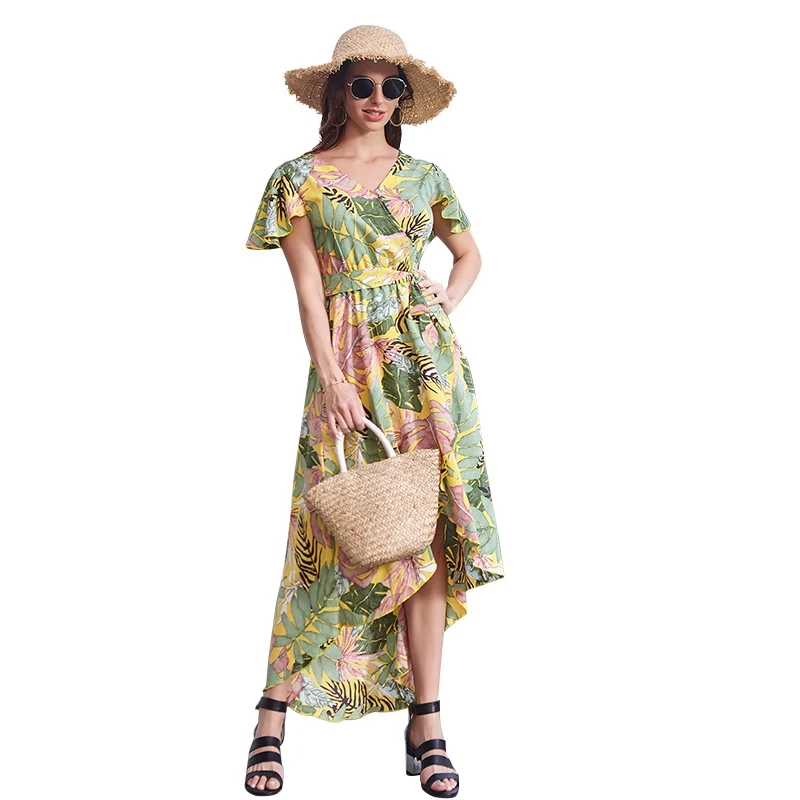 

2020 summer new slim mid-length sexy hem irregular chiffon dress female short-sleeved print