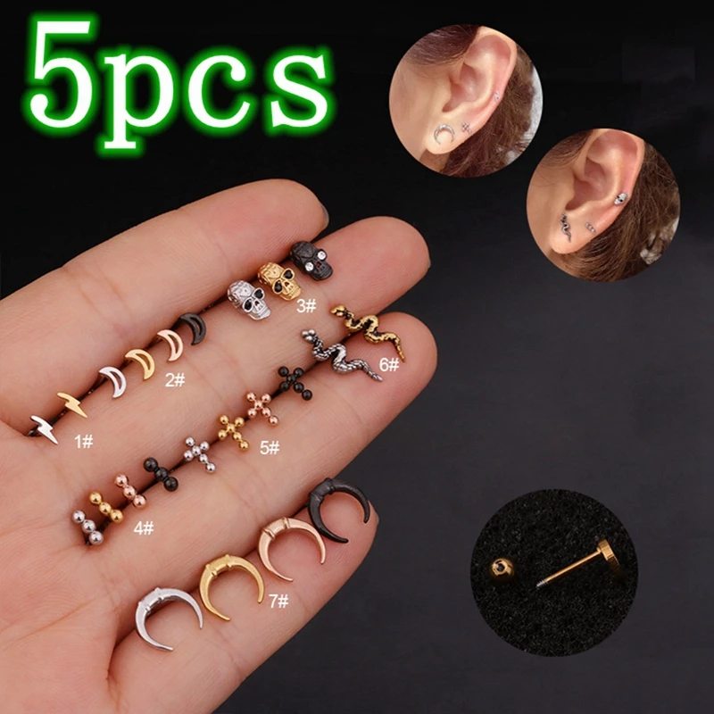 

5 шт. вспышка крест череп уха кольцо шпильки спиральный для хряща раковины козелка губная серьга-гвоздик для пирсинга перегородки носа серь...