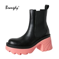 brangdy women ankle boots thick sole chunky high heel chelsea boots ladies slip on long booties round toe boots autumn