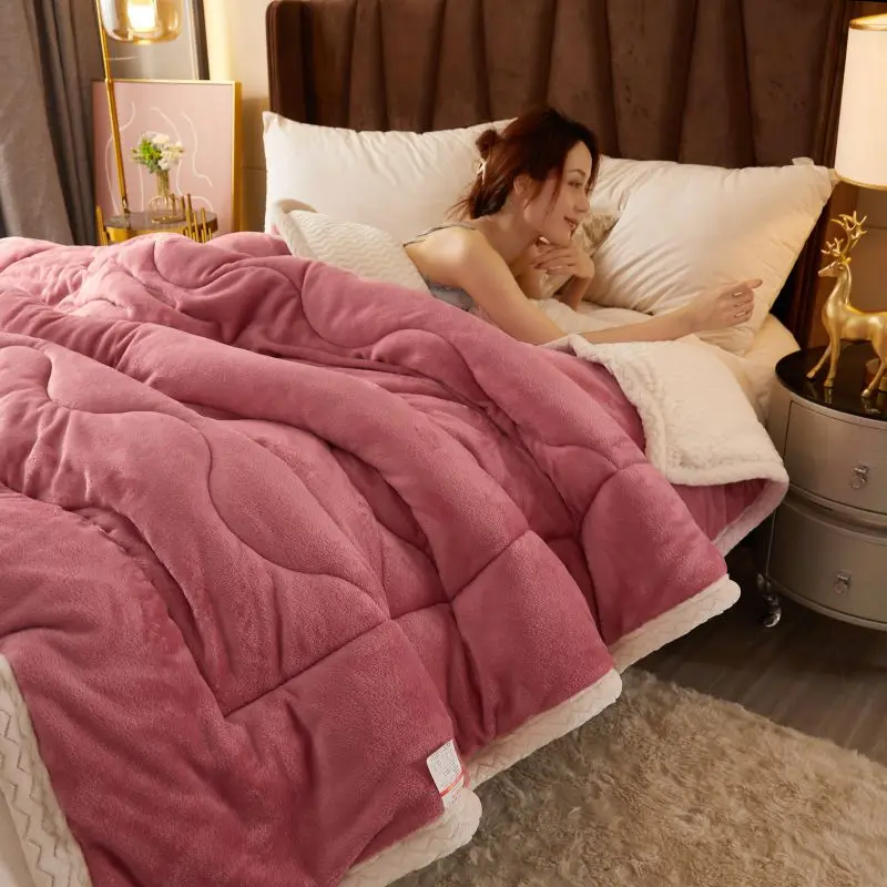 Winter Thicken Flannel Blanket for Beds Solid Color Stripe Throw Single/Queen/King Size Pink Bedspreads Soft Warm | Дом и сад