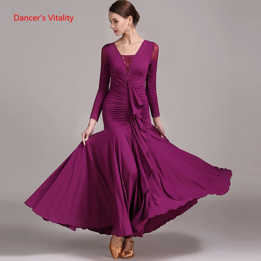 

Ballroom Dance Dress Solid Long Sleeves Big Swing Dresses For Women Ballroom Waltz Tango Dance Performance Competition Costumes
