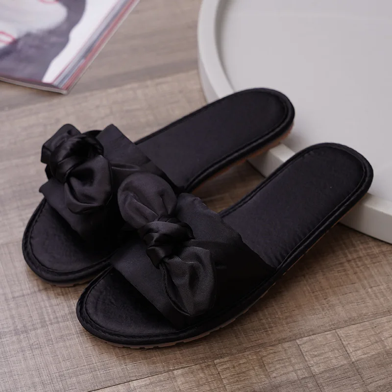 

2020 New Women Silk Slippers Flat Heel Platform Slides Cute Casual Peep Toe Butterfly Knot Female Ladies Indoor Shoes TX261