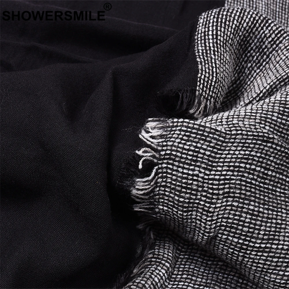 SHOWERSMILE, черный шарф из хлопка и льна, мужской длинный лоскутный шарф для мужчин, зимние мужские шарфы с кисточками, модные мужские аксессуары