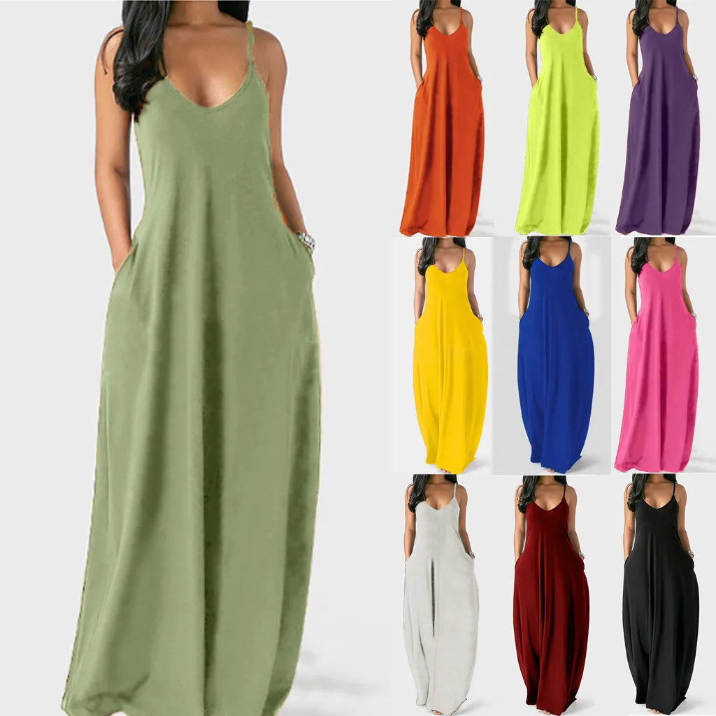 

New Summer Fashion Women Loose Maxi Dress Sexy Plus Size Solid Sleeveless O-Neck Pockets Camisole Beach Long Dresses Vestidos q5