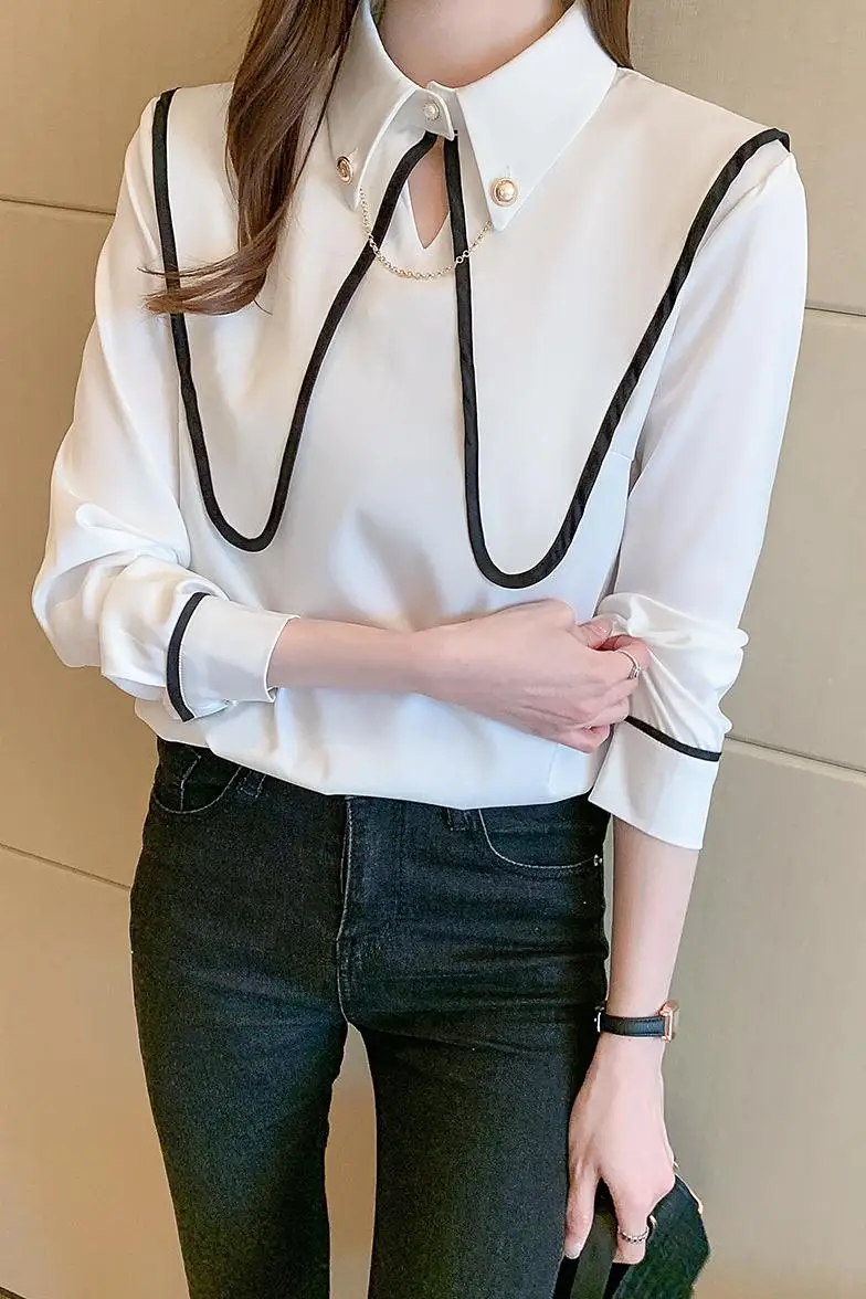 

COIGARSAM Fashion Full Sleeve korean blouse women New Spring blusas womens tops and blouses White Red 6220