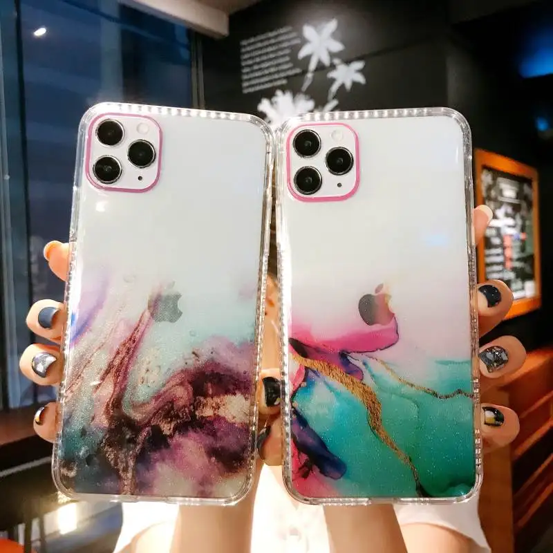 

Plating Soft Glitter Phone Case For iPhone 12 11 11Pro X XR XS Max 8 7 8Plus 7Plus Watercolor Painting Bling Clear Back Cover