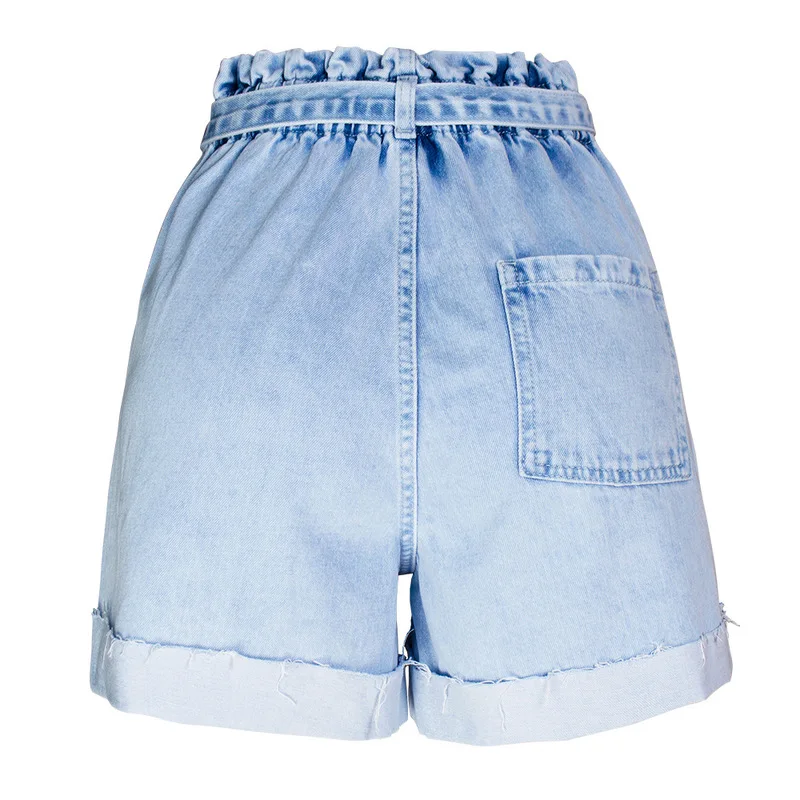 

New station solid color Wide Leg Denim Shorts elastic waist loose hem high waist women s Denim Shorts