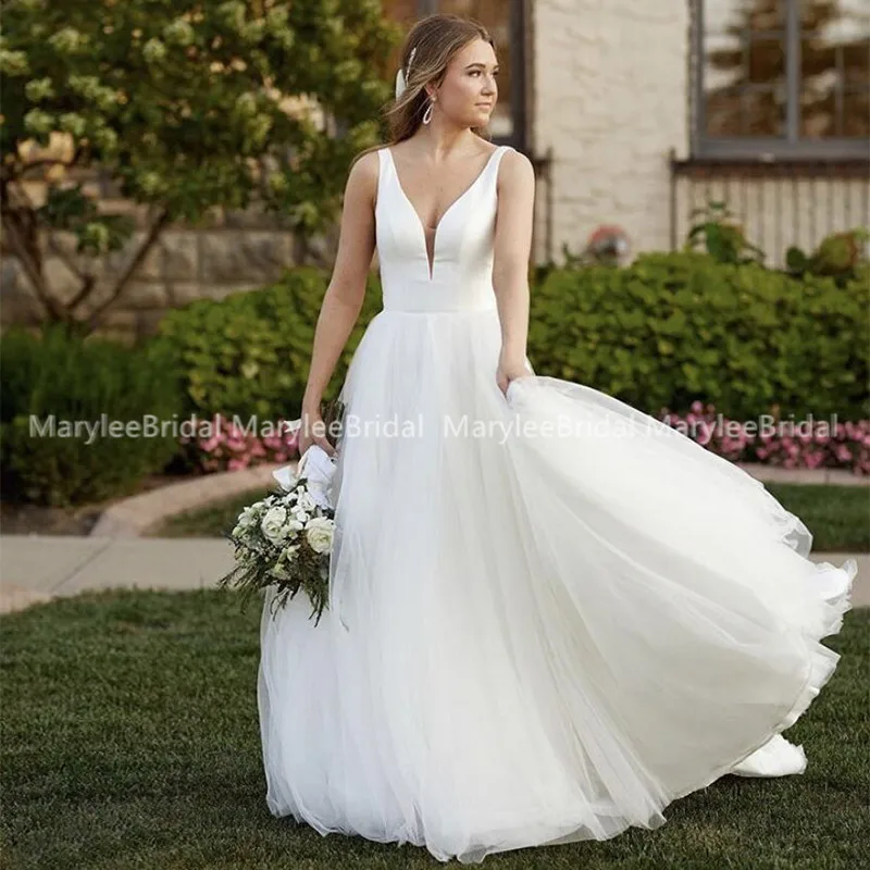 Пляжные свадебные платья 2020 белое Тюлевое платье-трапеция с открытой спиной и