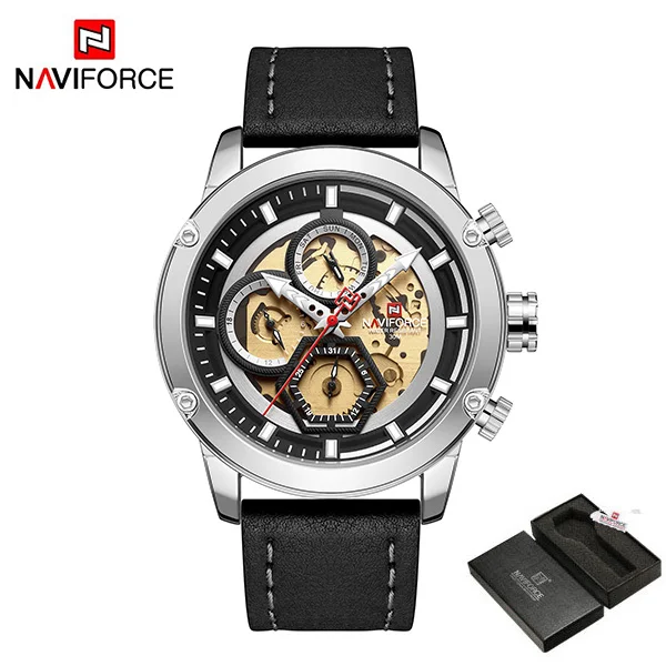 SilverBlackWithBox NAVIFORCE Лидирующий бренд мужские s часы Роскошные бизнес часы хронограф кварцевые мужские армейские наручные часы Мужские часы Relogio Masculino - Цвет: SilverBlackWithBox