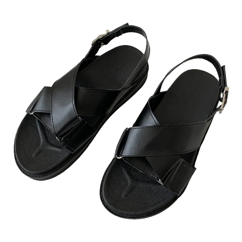 

2021 Summer Female Sandal Black Shoes for Women Cross All-Match Girls Beige Comfort New Gladiator Fashion Flat Scandals Buckle S