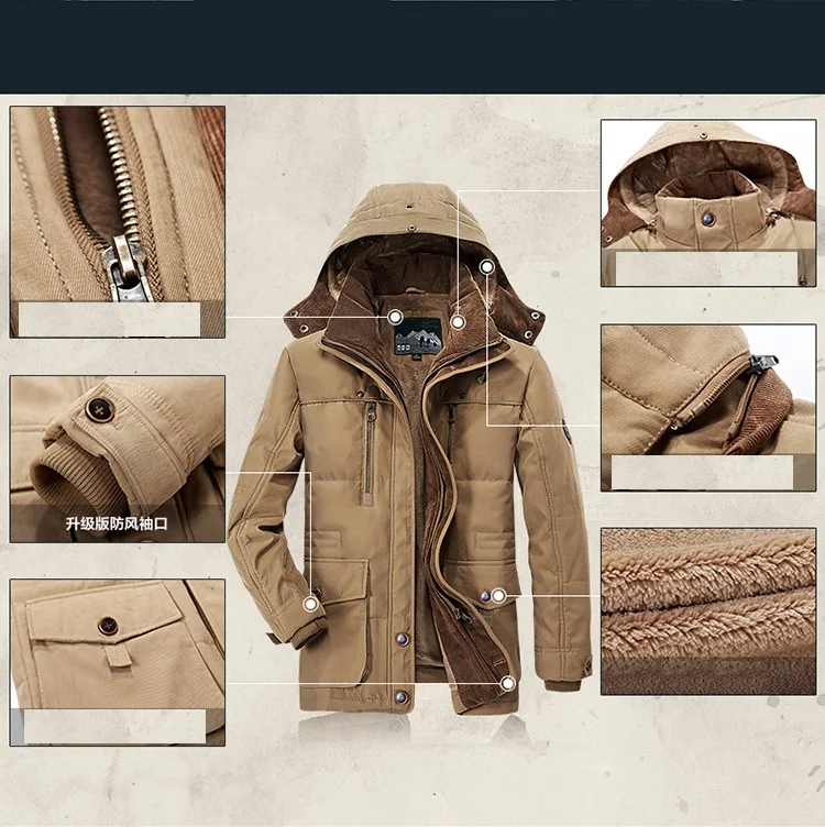 Mens Jacket  Warm Thick Windbreaker Military Coats Winter Hooded Parkas Outerwear Overcoat High Quality Clothing Windproof