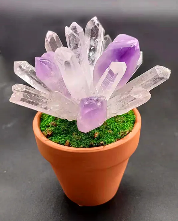 

Natural quartz crystal Madagascar color tourmaline.Blue crystal strip. Amethyst specimen.Bluefluorite is handmade in flower POTS